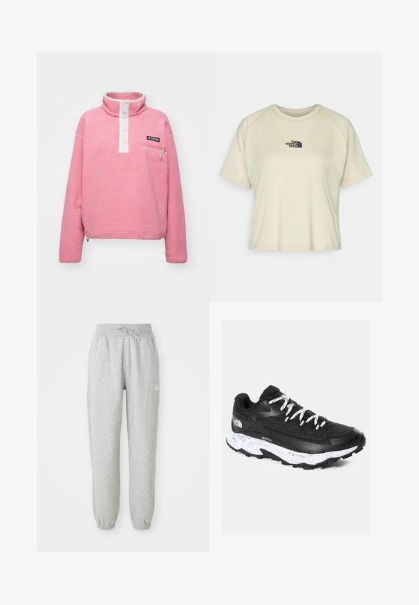 Columbia HELVETIA™ II CROPPED HALF SNAP - Fleecegenser - pink agave; Kremfarget kortermet t-skjorte med rund hals og raglanermer. Har en svart brodert logo på øvre bryst.; Grå sweatpants med elastisk midjebånd og snor. Tøyet er mykt, med elastiske mansjetter ved anklene og en logo aksent.; Svart treningssko med mesh-overdel og teksturert design. Har hvit prikket mellomsåle, tykk svart yttersåle og reflekterende lisser.