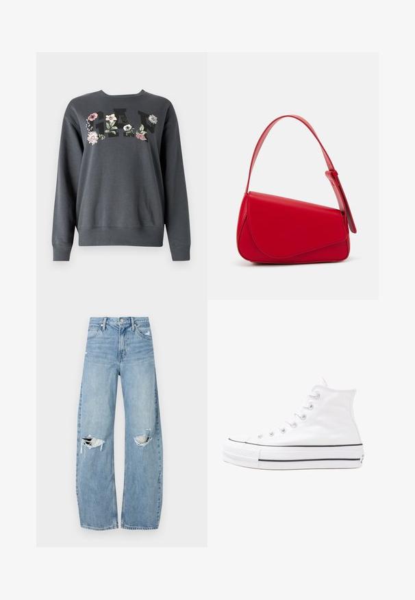 GAP HERITAGE CREW - Bluză de molton - cast iron; Jeans de denim, de un bleu deschis, cu talie înaltă. Au picioare late, două zone rupte la genunchi și un stil clasic cu cinci buzunare.; Adidași albi tip pantofi sport cu glezna din pânză, cu talpă din cauciuc negru, capac de vârf din cauciuc frontal și șase ochiuri pentru șireturi, având un design curat și minimalist.; Geantă de mână din piele roșie, cu un design unghiular și geometric. Dispune de o singură curea ajustabilă și un sistem de închidere cu clapetă, cu detalii cusute.