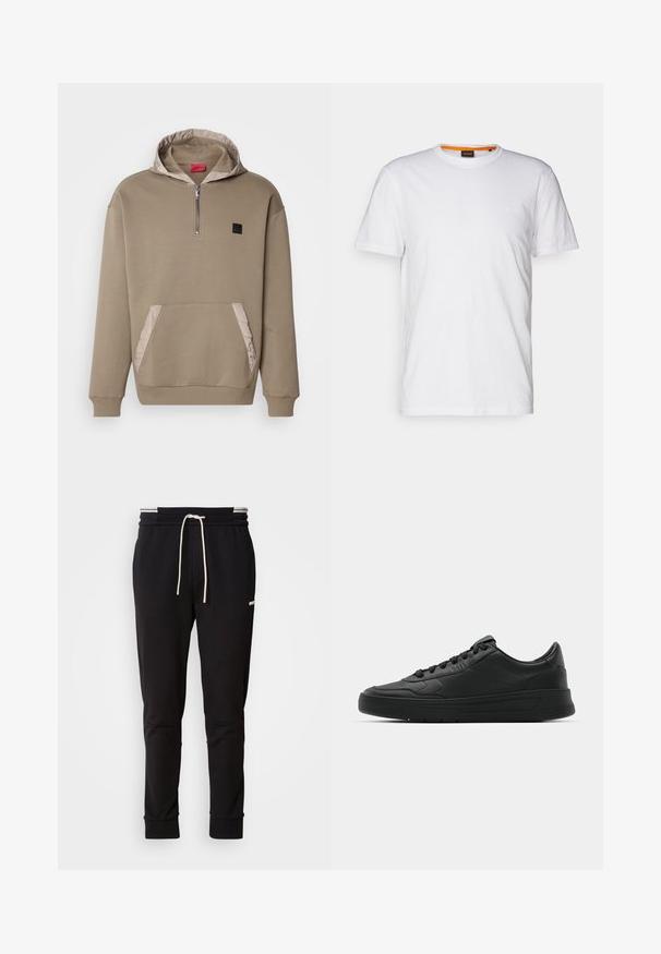 Béžová mikina s polovičným zipsom, prešívanou podšívkou kapucne a kontrastnou textúrovanou prednou kapsou. Má rebrované manžety a malú nášivku s logom.; Biely bavlnený tričko s okrúhlym výstrihom, krátkymi rukávmi a jemne embosovaným logom na hrudi. Vnútorná etiketa má oranžový akcent.; Čierne slim-fit teplákové nohavice s bielou šnúrkou na stiahnutie, rebrovanými manžetami a nenápadným logom na hornej strane stehna na jednofarebnom pozadí.; Čierne tenisky s hladkým koženým zvrškom, okrúlym špičkou, plochými šnúrkami, polstrovaným golierom a minimalistickým dizajnom. Gumená podrážka s jemným vzorom behúňa.