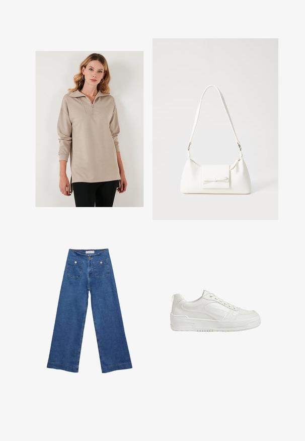 Pullover beige con mezza zip frontale, colletto oversize, maniche lunghe e spacchi laterali. Tessuto liscio con una vestibilità comoda.; Jeans in denim a gamba larga con un lavaggio blu medio, due tasche frontali con chiusura a bottone e dettagli cuciti lungo gli orli.; Sneakers bianchi in pelle con texture liscia, caviglia imbottita e punta perforata. Presentano una suola in gomma leggermente sollevata e un design con lacci.; Borsa sintetica bianca a forma triangolare, con patta anteriore piatta e dettaglio a fiocco, tracolla regolabile, texture liscia e design minimalista.