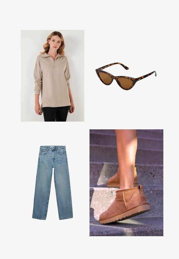 Pulover bej cu fermoar pe jumătate în față, guler supradimensionat, mâneci lungi și slituri laterale. Material neted cu croi lejer.; Jeans din denim de un albastru deschis, cu un design drept al piciorului, talie înaltă, cinci buzunare și cusături contrastante. Fără embellishments sau modele prezente.; Botine bej din suede cu o textură moale, detalii cusute și o talpă din cauciuc, având un călcâi cu buclă pentru o utilizare ușoară.; Ochelari de soare în stil cat-eye, cu o ramă din material cu tortoiseshell negru și portocalie, lentile maro și vârfuri elegante, ascuțite. Prezintă un logo minimal pe brățara ochelarilor.