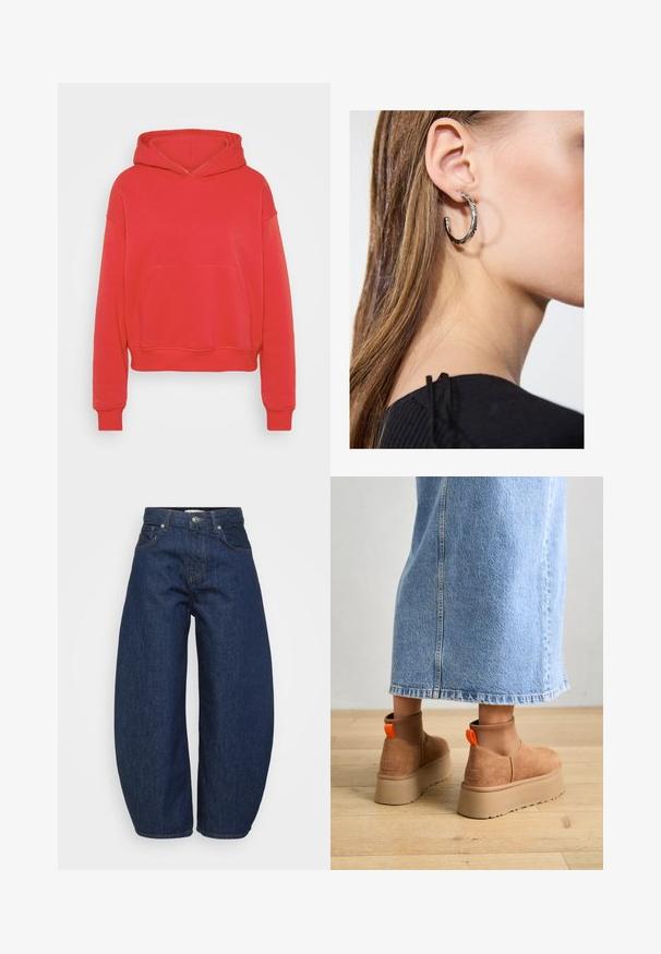Rød cropped hoodie laget av bomullsblanding. Har en frontlomme og hette med snor. Ribbestrikkede mansjetter og kant. Glatt tekstur.; Mørkeblå denimjeans med vid, avslappet passform. Har glidelås, fire lommer og kontrastfarget søm langs sømmene.; Brune semska plattformstøvler med elastiske sidepaneler og orange rekkehalser, parret med en knelange lys denimskjørt på et tregulv.; Sølv ringøredob med en polert finish, med små gull detaljer og en rund form, båret på øreflippen.