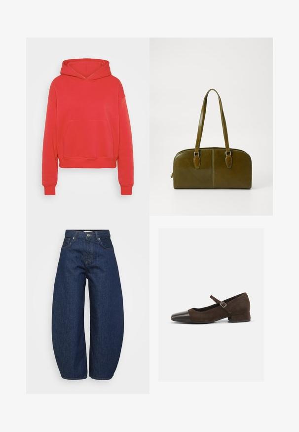 Sarkans īss kapuce ar kokvilnas maisījuma audumu. Aprīkots ar priekšējo kabatu un auklu kapuci. Ribota piedurkņu un apakšmalas daļa. Gluda tekstūra.; Tumši zili džinsa džinsi ar plašu, vaļīgu pieguļošanu. Ir rāvējslēdzēja aizdare, četri kabatas un kontrastējošas šuves gar šuvēm.; Brūni zamšādas Mary Jane apavi ar melnu lakotu purngalu, regulējamu siksniņu un zemu blokveida papēdi. Gluda tekstūra ar minimāliem akcentiem.; Olive zaļš ādas rokassomu ar noapaļotu formu, divām rokturiem un bezšuvju priekšpusi. Iezīmējas ar gludu tekstūru un smalkiem šuvju akcentiem.; Sudraba auskars ar pulētu apdari, ar maziem zelta akcentiem un apaļu formu, uz ausu ļipiņas.