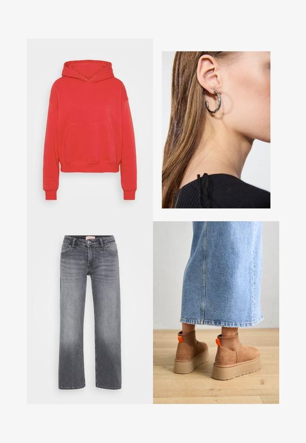 Czerwony krótki hoodie wykonany z mieszanki bawełny. Posiada przednią kieszeń oraz kaptur ze sznurkiem. Żebrowane mankiety i dół. Gładka struktura.; Szare dżinsy o prostym kroju nogawki, z pięcioma kieszeniami, delikatnym wyblaknięciem i zapięciem na guzik w talii.; Brązowe zamszowe buty na platformie z elastycznymi bokami i pomarańczowymi uchwytami, w połączeniu z jasnoniebieską spódnicą do kolan na drewnianej podłodze.; Srebrny kolczyk w kształcie koła z polerowanym wykończeniem, z małymi złotymi akcentami, noszony na płatku ucha.