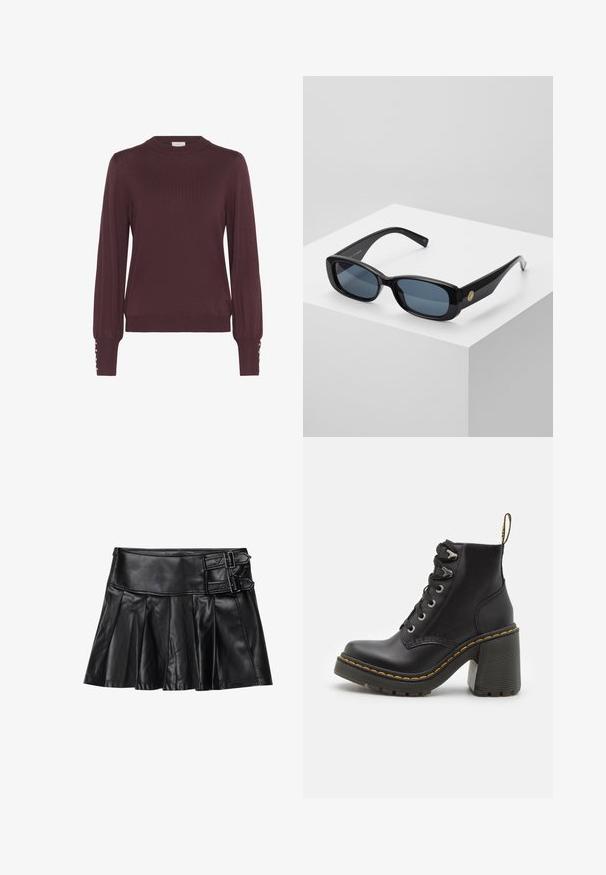 Maglione bordeaux a maniche lunghe con collo alto, texture a coste e dettagli con bottoni sulle maniche. Materiale in maglia leggero.; Gonna in pelle nera con pieghe, cintura ampia e due dettagli con fibbia ai lati. Texture liscia con una finitura lucida.; Stivaletto in pelle nera con tacco alto chunky, lacci frontali, occhielli in metallo e cuciture gialle lungo la suola. Suola in gomma testurizzata.; Occhiali da sole neri rettangolari con lenti blu oscurate, montatura spessa e un accento circolare dorato di lato. Finitura elegante e lucida.; Borsa borgogna realizzata in materiale sintetico con un design strutturato, dotata di tracolla removibile e un foulard a motivi floreali legato al manico.