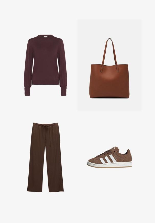 Pull en maille bordeaux à manches longues avec col montant, texture côtelée et accents de boutons sur les manches. Matière en maille légère.; Pantalons larges marron en tissu doux, avec une taille élastique et un cordon de serrage, et deux poches latérales.; Baskets en daim marron avec des bandes en cuir blanc, semelle en caoutchouc, bout arrondi et lacets. Comprend un logo sur la languette et des accents perforés.; Sac fourre-tout en cuir marron avec une texture lisse, design à ouverture supérieure et deux poignées pour le porter à l'épaule. Présente des coutures minimales et aucun matériel visible.