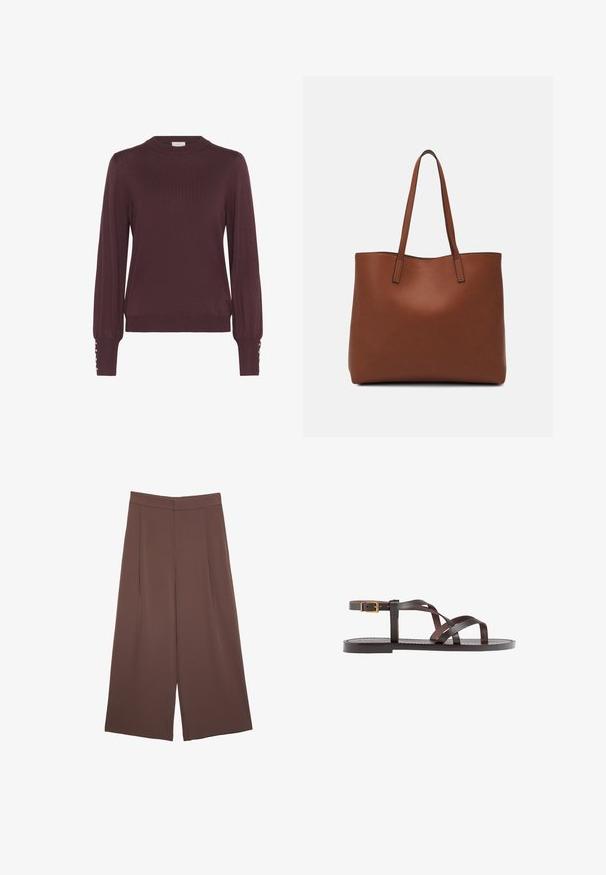 Bordeaux sveter s dlhým rukávom a vysokým golierom, so zvlnenou textúrou a gombíkovými akcentmi na rukávoch. Ľahký pletený materiál.; Hnedé nohavice so širokými nohavicami a hladkou textúrou, s vysokým pásom a prednými skladmi. Tkanina je ľahká a voľne sa pohybuje.; Hnedé kožené sandály s krížovými popruhmi, uzatváraním na pracku okolo členku a plochou podrážkou s minimálnymi ševmi.; Hnedá kožená taška na rameno s hladkou textúrou, otvoreným vrchom a dvoma ramenými popruhmi. Má minimálne šitia a žiadne viditeľné kovania.