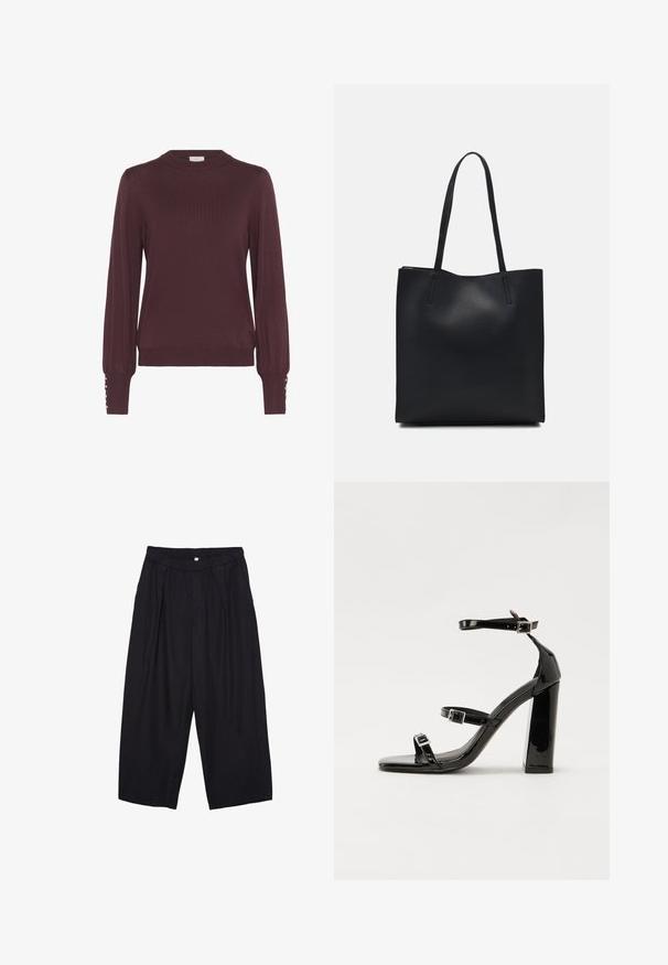 Burgunderfarbener Pullover mit langen Ärmeln und hohem Kragen, gerippter Textur und Knopfdetails an den Ärmeln. Leichtes Strickmaterial.; Schwarze Polyester-Culotte mit einem elastischen Bund, zwei vorderen Falten und einer lockeren Silhouette. Keine sichtbaren Muster oder Hardware-Details.; Schwarze patentierte Sandalen mit Absatz, quadratischer Spitze, Knöchelriemen und silbernen Schnallen. Mit einem stabilen Blockabsatz für mehr Stabilität.; Schwarze Laptoptasche aus Leder mit glatter Textur, rechteckiger Form und zwei langen Griffen. Keine sichtbaren Beschläge oder Verzierungen.
