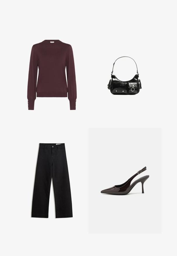 Burgundy long-sleeve sweater with a high neck, ribbed texture, and button accents on the sleeves. Lightweight knit material.; Black wide-leg denim pants with a high waist, featuring front and back pockets, stitched seams, and a button closure. Smooth texture.; Slingback high-heeled shoe in glossy dark brown patent leather, pointed toe, open sides, and adjustable ankle strap.; Black patent leather handbag with a curved shape, one shoulder strap, front pockets, and silver-tone hardware accents.