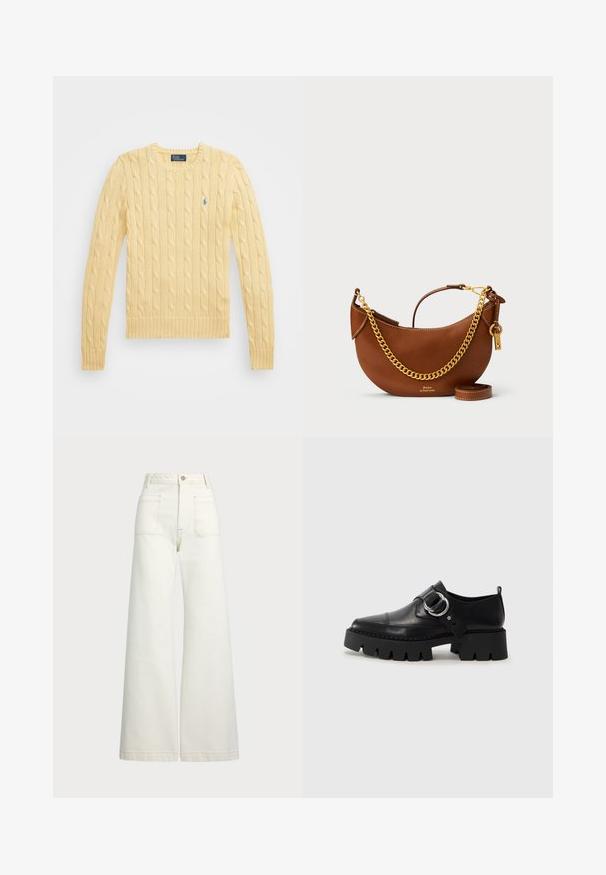 Suéter amarelo de malha canelada com mangas longas, decote redondo, punhos e bainha canelados. Apresenta um pequeno logótipo azul no peito.; Jeans de perna larga em denim off-white. Design de cintura alta com fecho de botão, dois bolsos frontais e detalhes de costura em contraste.; Sapatos pretos de couro com sola grossa e estriada, apresentando um detalhe em hardware prateado circular e costura mínima.; Bolsa de mão de couro castanho com um design curvado, alça de corrente dourada, bolso interior e uma alça de ombro destacável. Apresenta costura em contraste.
