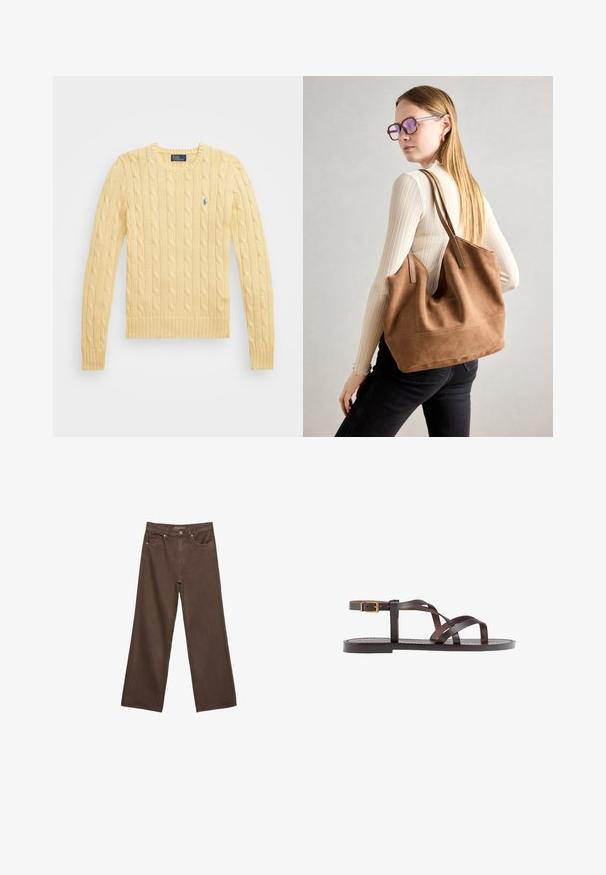 Gelber Kabelstrickpullover mit langen Ärmeln, rundem Halsausschnitt, gerippten Bündchen und Saum. Mit kleinem blauen Logo auf der Brust.; Weite braune Jeans aus Denim, mit hoher Taille, Fronttaschen und klassischem Knopfverschluss. Glatte Textur mit feinen Nähten.; Braune Leder-Sandale mit überkreuzten Riemen, einem Knöchelriemen mit Schnalle und einer flachen Sohle mit minimalen Nähdetails.; Braune Wildleder-Tasche mit weicher Textur, großer Öffnung und langen Trägern. Sie verfügt über ein simples Design mit sichtbarem Stich und ohne Beschläge.