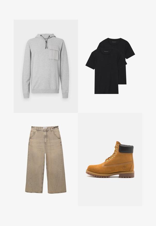 Harmaa huppari pehmeästä materiaalista, jossa on etupussitasku, nyörillinen huppu sekä ribbaus hihansuissa ja helmassa. Yksinkertainen ja toiminnallinen muotoilu.; Kaksi mustaa puuvillapaitaa lyhyillä hihoilla, pyöreällä kauluksella ja sileällä pinnalla, esillä päällekkäin.; PULL&BEAR MEGA BAGGY - Baggy-farkut - light grey; Valkoinen nahkainen nilkkuri mustalla pehmustetulla kauluksella, kultaisilla metallisilla rei'illä, valkoisella ompeluksella ja jykevällä kumipohjalla, jossa on selvästi näkyvät urat.