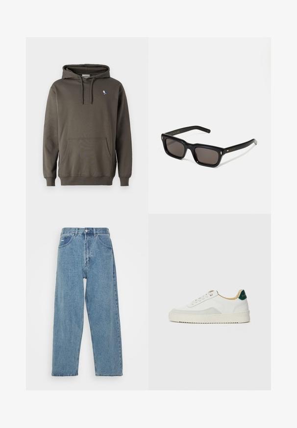 Olivengrøn hættetrøje lavet af blød bomuld. Har en frontlomme og et lille fuglebroderi på venstre bryst.; Grå kortærmet T-shirt lavet af blødt, struktureret stof. Har en klassisk rund hals og en lige kant, velegnet til afslappet brug.; Lyseblå denim jeans med høj talje og afslappet pasform, der har to forlommer, en baglomme og knaplukning.; Hvide sneakers med ruskindsdetaljer, rund tå, flade snørebånd og en cremet gummisål. Har grøn branding på hælen.; Sorte rektangulære solbriller med mørke glas, tyk plastisk ramme, guldtryk på stængerne og brandlogo indgraveret på armen.