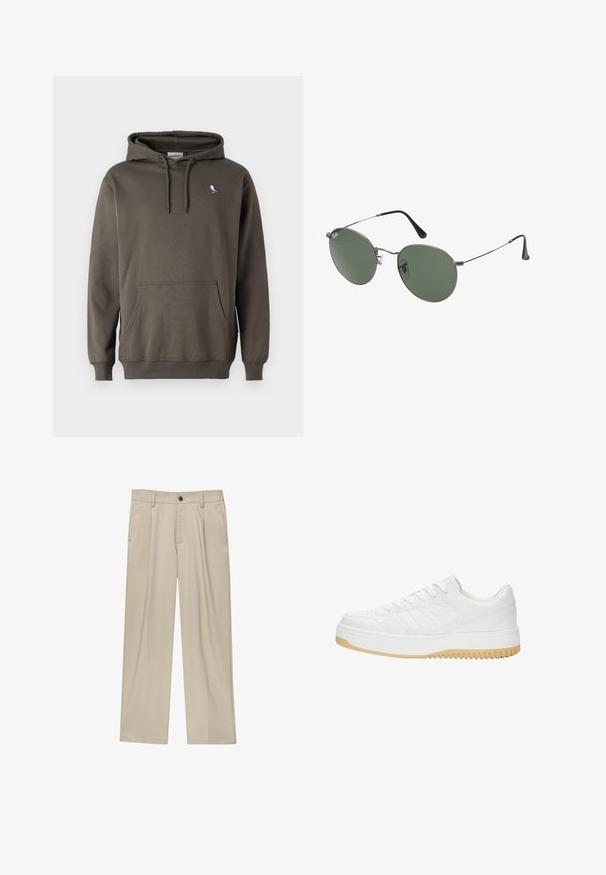 Oliivinvihreä huppari, joka on valmistettu pehmeästä puuvillasta. Siinä on etutasku ja pieni lintupistoletku vasemmassa rinnassa.; Valkoinen puuvillapaita, jossa on klassinen kaulus, lyhyet hihat ja pieni laivastonsininen logo vasemmalla rinnalla. Kaksi nappia napituksessa.; Beige-housut suoran leikkauksen omaavina, joissa on yksi musta nappi, vyölenkit ja sivutaskut. Sileä kangas ja minimalisti muotoilu.; Valkoinen nahkakengät joissa on teksturoitu pinta, varustettuna kumipohjalla, nauhakiinnityksellä ja hillityillä raidallisilla yksityiskohdilla sivuilla.; Aurinkolasit metallikehyksillä, joissa on soikeat vihreät linssit. Ohut hopeinen metallikehys ja mustat korvapehmusteet. Minimalistinen muotoilu, ei näkyviä logoja.