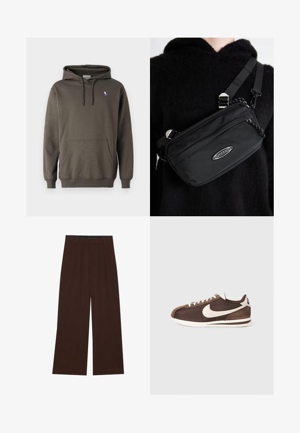 Olivno zelena dukserica s kapuljačom, izdelana iz mehkega bombaža. Ima sprednji žep in majhen vezenini ptiča na levem prsnem delu.; Rjave široke hlače s plisami. Narejene iz gladkega materiala, s prilagojenim pasom in stranskimi žepi. Ravna obroba na dnu.; Rjava športna obutev izsuede in platna s pisanjem Nike v beli barvi in teksturiranim gumijastim podplatom.; Črn najlon torba za čez ramo z nastavljivim trakom, ki ima gladko teksturo, sprednji žep na zadrgo in akcent z logotipom.