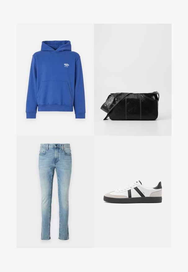 Modrá bavlnená mikina s kapucňou, predným vreckom, rebrovanými manžetami a spodným lemom a malým logom na hrudníku. Mäkkučký textil.; Svetlomodré denimové džínsy so slim fit strihom, s piatimi vreckami, zipsom a jemným vyblednutím pozdĺž nohavíc. Priame zakončenie pri členkoch.; Biele tenisky s čiernymi a šedými akcentmi, s textúrovanou šedou špičkou, čiernou gumovou podrážkou a plochými bielymi šnúrkami. Čistý dizajn, minimalistický štýl.; Čierna kožená kabelka cez plece so zipsovým uzáverom, so štruktúrovaným telom, bielym prešívaním a popruhom so striebornými očkami.