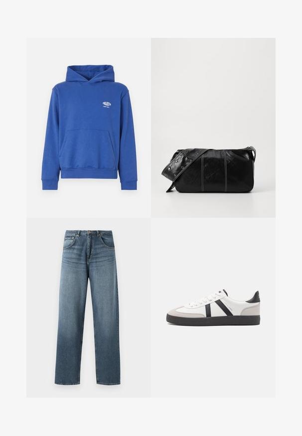 Sinine puuvillane kapuutsiga sviiter, millel on esine tasku, soonikkraanid ja äär, ning väike logo rinnal. Pehme kangatekstuur.; Sirged sinise denimist teksad sirgjoonesega, heledama pesuga, viie tasku disainiga, metallnööpide ja vöörihmadega. Kindel, keskmise raskusega kangas.; Valged tossud mustade ja hallide aktsentidega, tekstureeritud halli varbakattega, musta kummitald ja lamedad valged paelad. Puhtad jooned, minimalistlik stiil.; Must mustra nahkainine õlakott, millel on tõmblukk, tekstureeritud pind, valged õmblused ja rihm hõbedaste rõngastega.