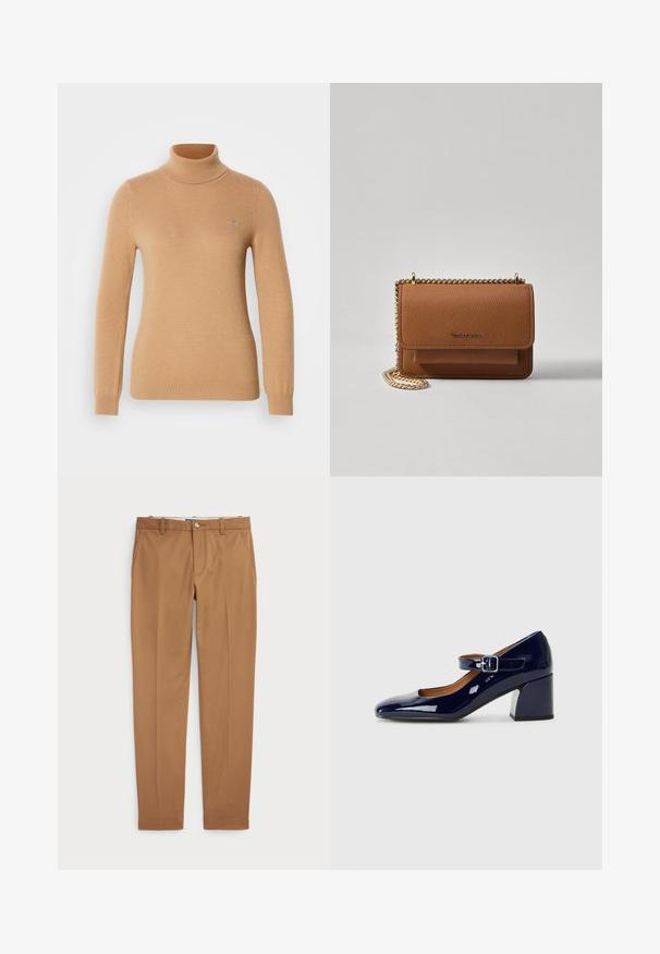 Pull à col roulé beige en tricot doux, avec des manches longues et un logo de la marque discret sur la poitrine. Poignets et ourlet côtelés.; Pantalons en coton marron au design ajusté, devant plat et poches standard ; texture lisse et ourlets finis.; Chaussures Mary Jane en cuir verni marine avec un bout rond, une bride à la cheville et un talon épais. Texture lisse avec une finition brillante.; Sac en cuir texturé marron en bandoulière avec une sangle en chaîne dorée et une fermeture à rabat. L'avant présente un détail de logo et une poche sous le rabat.