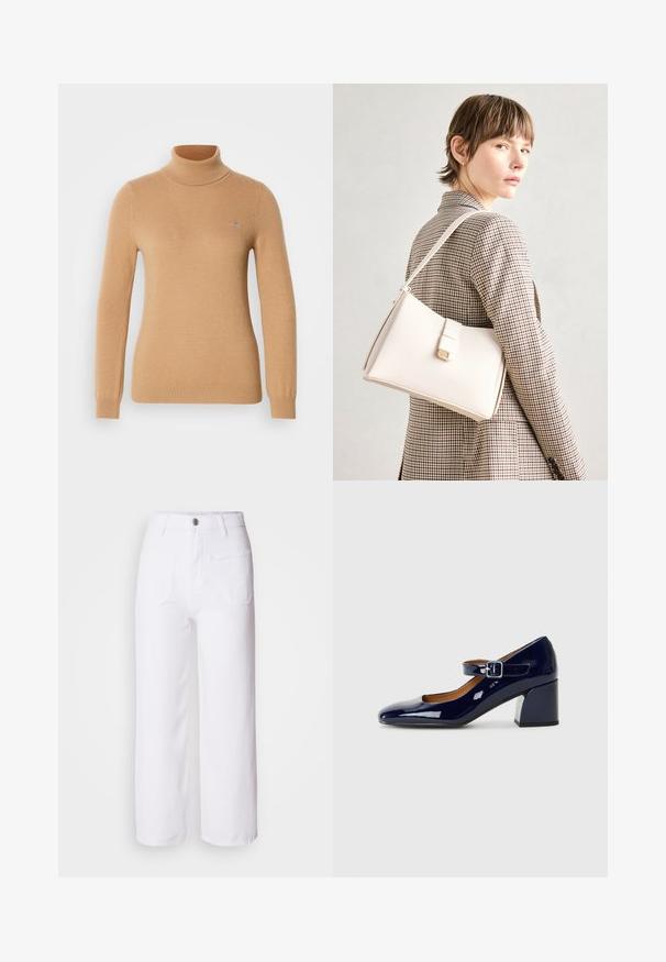 Pull à col roulé beige en tricot doux, avec des manches longues et un logo de la marque discret sur la poitrine. Poignets et ourlet côtelés.; Pantalons larges en denim blanc avec une fermeture à bouton, passants de ceinture, deux poches avant et une poche arrière. Tissu durable et texturé.; Chaussures Mary Jane en cuir verni marine avec un bout rond, une bride à la cheville et un talon épais. Texture lisse avec une finition brillante.; Sac à main en cuir blanc au design structuré, doté d'un fermoir magnétique et d'une bandoulière, présenté sur un fond neutre.