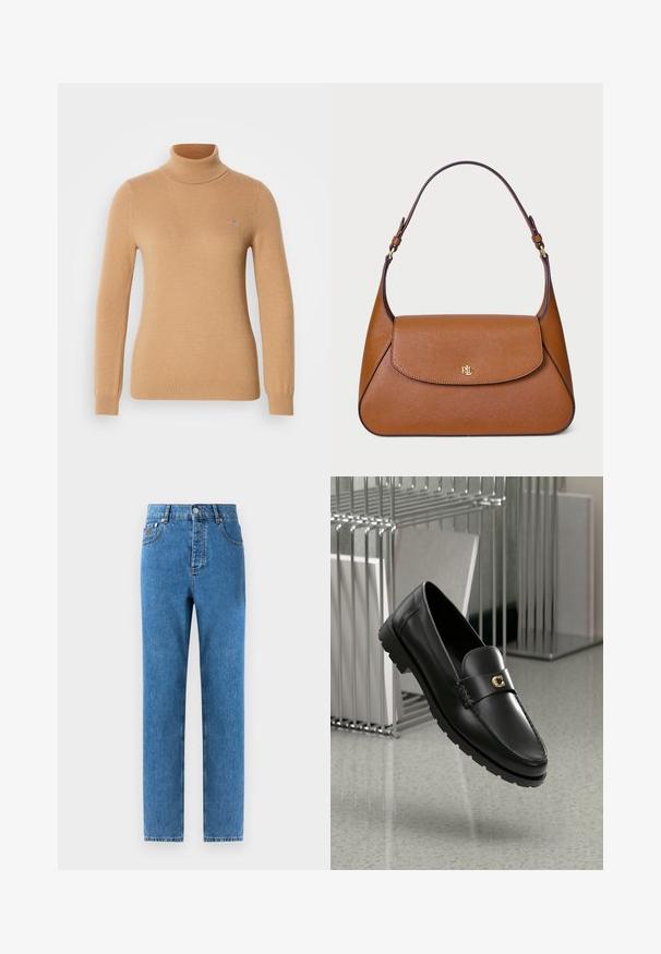 Maglione beige a collo alto realizzato in morbido tessuto a maglia, con maniche lunghe e un logo del marchio discreto sul petto. Polsini e orlo a coste.; Jeans in denim di un blu medio con taglio dritto, cinque tasche, chiusura con bottone e leggera scoloritura sul tessuto per una variazione di texture sottile.; Mocassini in pelle nera con cucitura in rilievo, logo in accento oro e cinturino texture. Presenta una suola in gomma spessa e resistente.; Borsa a tracolla in pelle marrone con un design strutturato, una patta superiore piatta e una sola tracolla curva. Presenta finiture dorate con logo impresso.