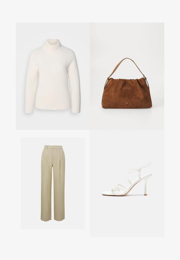 Bílý žebrovaný rolák vyrobený z jemného pleteného materiálu. Má dlouhé rukávy, přiléhavý střih a vysoký, stočený límec.; Krémové kalhoty s širokými nohavicemi vyrobené z hladkého materiálu, s předními záhyby, upraveným pasem a postranními kapsami. Čistý lem.; Bílé sandály na vysokém podpatku s tenkým páskem kolem kotníku, plochou špičkou, texturovaným předním dílem s nařasenými detaily.; Hnědá semišová kabelka se skládáním, s jedním světlým koženým popruhem a decentním zlatým logem na přední straně.