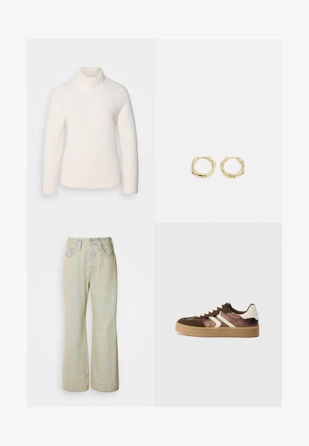 White ribbed turtleneck sweater in a soft knit material. Features long sleeves, a fitted silhouette, and a high, rolled neckline.; Light blue wide-leg jeans made of denim, featuring a high waist, five pockets, and subtle fading with contrasting stitching accents.; Brown and cream sneakers with a combination of suede and satin materials, featuring three diagonal stripes and a textured gum sole.; Gold hoop earrings with a textured, irregular shape. Features a seamless closure and a polished surface finish, emphasizing a modern design.