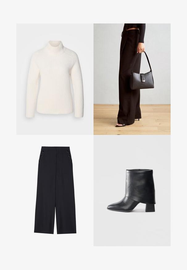 Weißer gerippter Rollkragenpullover aus weichem Strickmaterial. Mit langen Ärmeln, einer taillierten Silhouette und einem hohen, umgeschlagenen Kragen.; Weite Hosen aus dunkelblauem Stoff mit einer glatten Textur, Vorderfalten und dekorativen goldfarbenen Ösen an den Seitentaschen.; Schwarze Lederstiefelette mit spitzer Zehenform, glatter Oberfläche und strukturiertem Blockabsatz. Mit einem hohen, gefalteten Schaftdesign.; Schwarze Handtasche mit strukturierter Form, glatter Textur und einem metallischen Verschluss. Kombiniert mit weiten schwarzen Hosen und offenen Sandalen auf einem Holzboden.