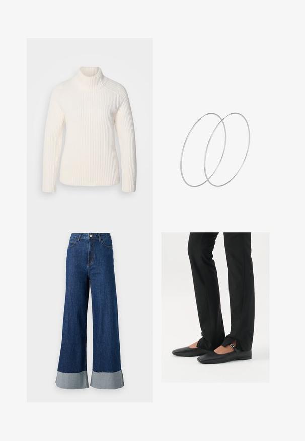 Witte geribde coltrui van een zachte brei stof. Beschikt over lange mouwen, een getailleerde pasvorm en een hoge, opgerolde kraag.; Wijde denim broek met een donkerblauwe wassing, voorzien van een contrasterende lichtblauwe omslag en een klassiek vijf-pocket ontwerp.; Zwarte leren balletschoenen met een puntige neus, bandje met een zilveren gesp, gecombineerd met zwarte nauwsluitende broek met een zijsplit.; Zilveren hoepel oorbellen met een minimalistisch ontwerp. Cirkelvormig, gladde textuur en dun profiel. Lichtgewicht met een gepolijste afwerking.