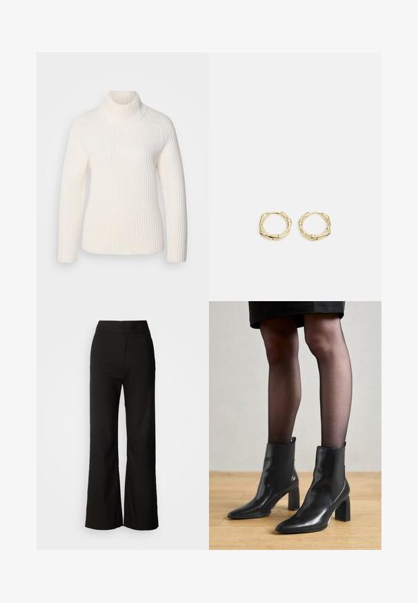 Balts ribots turtlenecks džemperis mīkstajā adījumā. Ievērojamas garās piedurknes, pieguļošs siluets un augsts, sarullēts apkakle.; Melni platlegu bikses ar gludu tekstūru, augsto vidukli un tīru dizainu. Nav redzamu kabatu vai rotājumu.; Melni ādas potīšu zābaki ar izdilušu purngala formu, masīvu kvadrātveida papēdi un elegantu dizainu. Iekļautas elastīgas sānu paneļi, kas nodrošina ērtu uzvilkšanu.; Zelta riņķveida auskari ar tekstūru un neregulāru formu. Iekļauj bezšuvju aizdari un pulētu virsmas apdari, uzsverot mūsdienīgu dizainu.