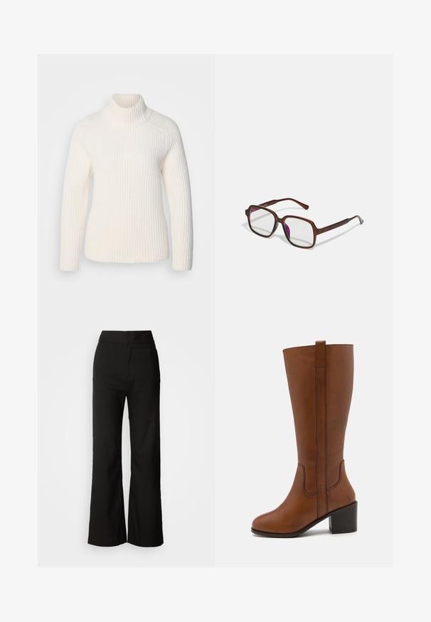 Weißer gerippter Rollkragenpullover aus weichem Strickmaterial. Mit langen Ärmeln, einer taillierten Silhouette und einem hohen, umgeschlagenen Kragen.; Schwarze weit geschnittene Hosen mit glatter Textur, hoher Taille und klarem Design. Keine sichtbaren Taschen oder Verzierungen.; Braune Lederkniehohe Stiefel mit runder Spitze, seitlichen Nähten und Blockabsatz. Mit einem Zugschlaufe hinten für einfaches Anziehen.; Braune, rechteckige Brille mit transparenten Gläsern und lila Tönungen. Glatter Kunststoffrahmen mit geraden Bügeln und dezenten Akzenten.; Silberne Creolen mit einer glatten, polierten Oberfläche. Runder Form und sicherem Klickverschluss. Leichtes Design, geeignet für den täglichen Gebrauch.