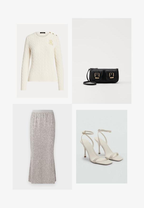 Cream cable-knit sweater with long sleeves, round neck, gold embroidered logo on chest, and three gold buttons on shoulder.; Knee-length, silver sequin skirt with a fitted waistband, featuring vertical shimmer patterns and side slits for ease of movement.; Beige high-heeled sandals with a square toe and thin ankle straps. Smooth material with minimal design, featuring a slender heel.; Black leather crossbody bag with two front pockets, gold buckles, zipper closure, and a slim strap. Textured surface and compact rectangular shape.