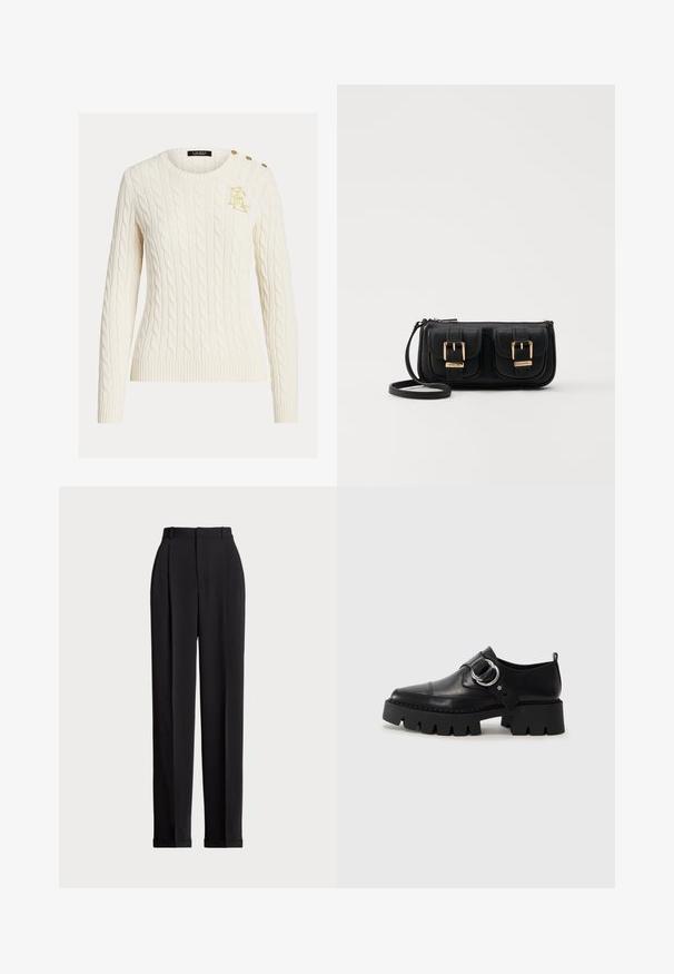 Kremasta pulover iz kabelskega pletenja z dolgimi rokavi, okroglo ovratnikom, z zlatim vezenim logotipom na prsih in tremi zlatimi gumbi na rami.; Črne krojene hlače z visokim pasom, z naborki spredaj, ravnim krojem in manšetami na koncu. Narejene iz gladkega materiala.; Črne usnjene čevlje z debelim, rebrastim podplatom, ki imajo okroglo srebrno kovinsko dodatno opremo in minimalne šive.; Črna usnjena torbica čez ramo z dvema sprednjima žepoma, zlatimi zaponkami, zadrgo in ozkim pasom. Tekstura površine je strukturirana, obliko pa ima kompaktno pravokotno.