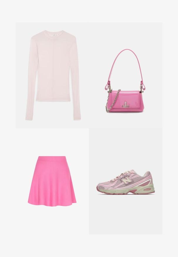 Lichtroze langemouw shirt van zachte stof met een klassieke ronde hals en een getailleerd ontwerp. Geen zichtbare patronen of accenten.; Roze gebreide rok met een aansluitende tailleband en een uitlopende vorm, gemaakt van zachte stof die een soepele textuur toevoegt.; Roze en beige New Balance 740 sneaker met een bovenwerk van mesh en kunstleer, vetersluiting en een gevoerde zool, weergegeven in zijprofiel.; Roze gepatineerde lederen handtas met een rechthoekige vorm, afneembare kettingriem en zilveren hardware detail aan de voorkant.