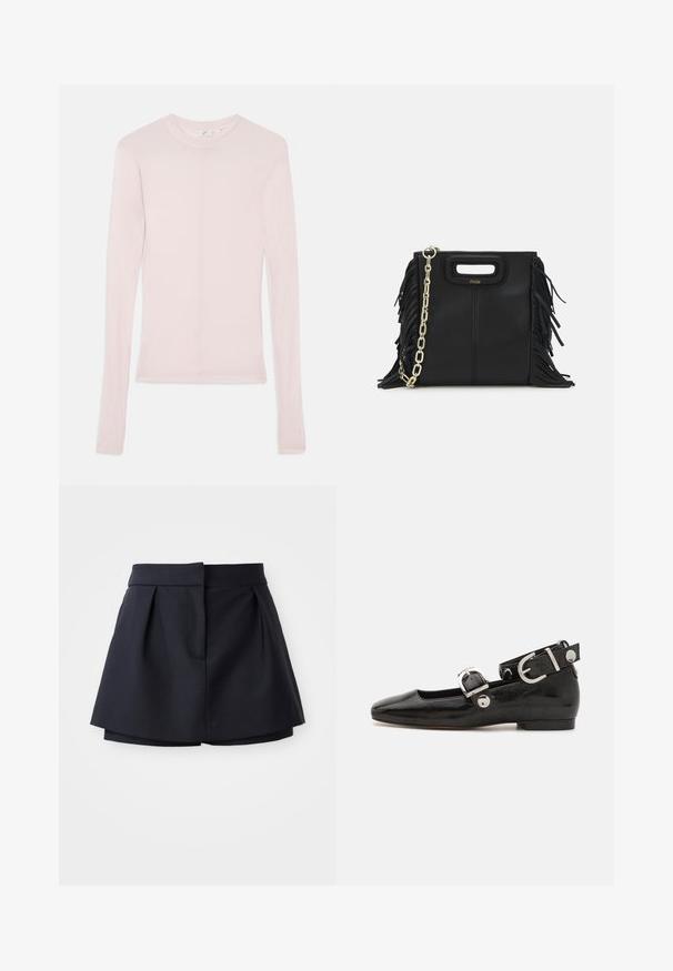 Vaaleanpunainen pitkähihaisen paita, joka on valmistettu pehmeästä kankaasta, klassisella pyöreällä kaula-aukolla ja vartalonmyötäisellä muotoilulla. Ei näkyviä kuvioita tai yksityiskohtia.; Laivaston siniset laskostetut shortsit korkealla vyötäröllä, jotka on valmistettu sileästä kankaasta. Ominaisuuksiin kuuluvat istuva malli ja piilotettu etutasku.; Musta patenttinahkainen tasapohjainen kenkä suoralla varvastyöllä, nilkkahihna hopeisilla yksityiskohdilla ja tasainen pohja. Sileä pinta ja minimalistinen muotoilu.; Musta nahkakäekott, millel on frantsiisidetailid, kuldne õlgade rihm ja lõikega käepide. Ees on logo paigutus.