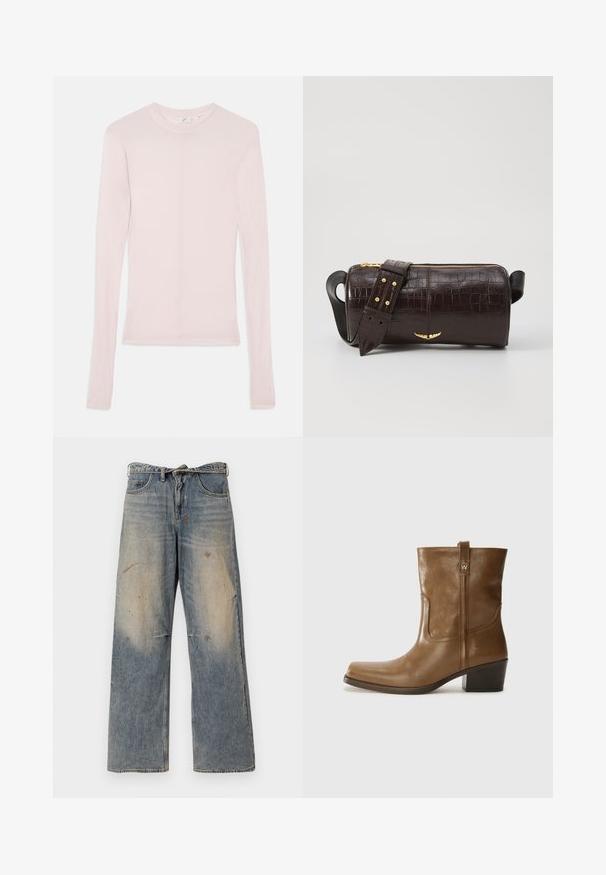 Svetlo roza dolg rokav majica iz mehkega blaga s klasičnim okroglim izrezom in prilegajočim krojem. Brez vidnih vzorcev ali akcentov.; Svijetloplave traperice s labavim ravnim krojem. Imaju izbledele detalje, tragove habanja i oštećenja u području koljena. Klasičan stil s pet džepova.; Rjave usnjene gležnjarje s kvadratnim nosom, teksturirano površino in nizko kvadratno peto. Imajo zadnji trak za enostavno obuvanje in subtilne šivane detajle.; Brah blaženka iz rjavega usnja z embosiranim krokodilom, cilindrične oblike, zlatih kovinskih elementov in odstranljivim pasom, ki vsebuje žebljičke.