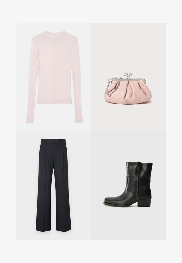 Vaaleanpunainen pitkähihaisen paita, joka on valmistettu pehmeästä kankaasta, klassisella pyöreällä kaula-aukolla ja vartalonmyötäisellä muotoilulla. Ei näkyviä kuvioita tai yksityiskohtia.; Tummansiniset raidalliset housut, joissa on korkea vyötärö, leveät lahkeet ja ei näkyviä metalliosia tai koristeita. Sileä pinta ja räätälöity istuvuus.; Musta nahkasaapas nilkkamittaisella varrella, pyöreällä kärjellä, lohkarekorolla, sivuvetoketjulla ja ompeluaksentilla varren yläosassa. Suora pinta, klassinen muotoilu.; Vaaleanpunainen nahkakuuloket pursotettu muotoilun laukku, metallirunko, kaksi pyöreää lukkoa ja hopeaketjuolkaimet. Sileä pinta, kompaktin muotoinen.