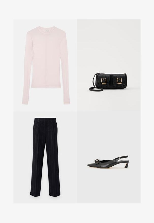 Svetlo roza dolg rokav majica iz mehkega blaga s klasičnim okroglim izrezom in prilegajočim krojem. Brez vidnih vzorcev ali akcentov.; Črne hlače s pinstripes vzorcem in prilagojenim krojem, opremljene z manšetnim robom in sprednjimi pregibi. Narejene iz gladkega materiala z ustrezno strukturo.; Črne usnjene slingback čevlje z ostrim nosom, majhnim petam in dekorativno sponko na zgornjem delu. Gladka tekstura, minimalistična zasnova.; Črna usnjena torbica čez ramo z dvema sprednjima žepoma, zlatimi zaponkami, zadrgo in ozkim pasom. Tekstura površine je strukturirana, obliko pa ima kompaktno pravokotno.