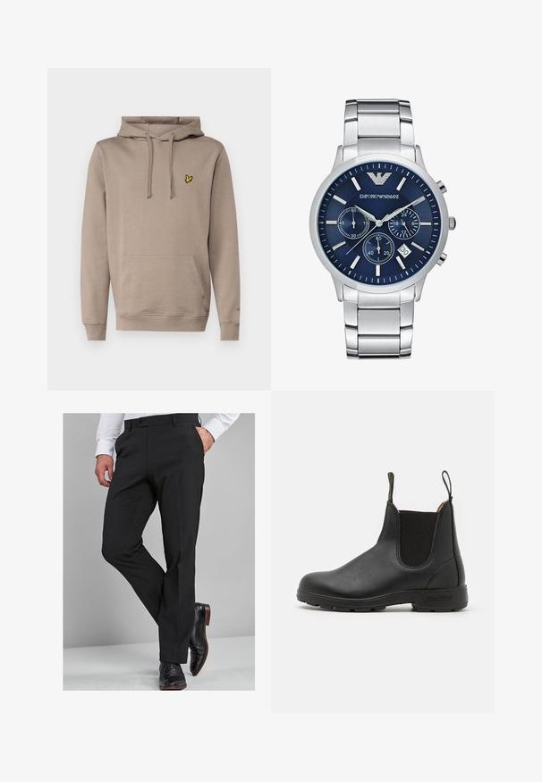 Lyle & Scott Mikina - heritage taupe; Černé společenské kalhoty s dobře padnoucím střihem, vyrobené z hladkého materiálu, s rovnými nohavicemi a poutky na opasek, doplněné o lesklé černé společenské boty.; Černá kožená Chelsea obuv s elastickými bočními panely, poutkem na patě, robustní gumovou podrážkou a prošívanými detaily. Hladký povrch po celém obvodu.; Emporio Armani Hodinky se stopkami - silver-coloured