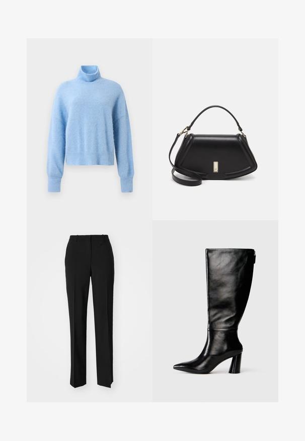 Light blue, cropped turtleneck sweater made of soft, textured fabric with long sleeves and ribbed cuffs for added detail.; Black tailored trousers with a straight-leg design, featuring a smooth texture and crisp creases along the front. No visible hardware.; Knee-high black leather boot with a pointed toe, smooth texture, and a chunky heel. Features a zipper detail at the back.; Black leather handbag with a structured design, featuring a cropped shape, top handle, and gold hardware accent. Adjustable shoulder strap included.
