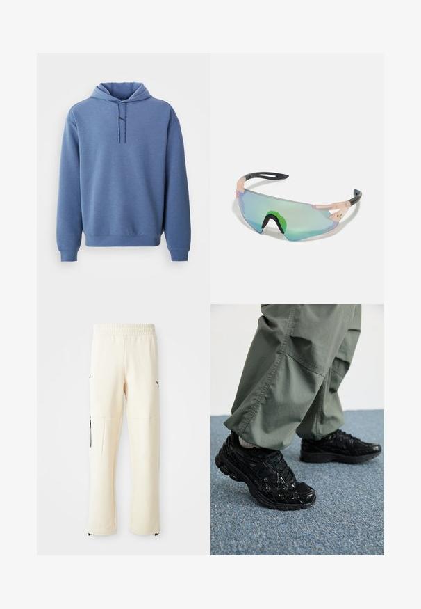 Blå hettegenser med front snøring og lange ermer, vist mot en hvit bakgrunn.; Lysbeige joggebukser laget av myk tekstil. Har en svart logo, sidelommer med glidelås, og en avslappet passform.; Svarte sportssko med glossy og mesh teksturer, med en tykk såle og lisser, kombinert med løse olivengrønne cargo-bukser.; Sports solbriller med en gjennomsiktig rosa ramme, grønnfargede speilglass og svarte detaljer. Aerodynamisk design for ytelse.