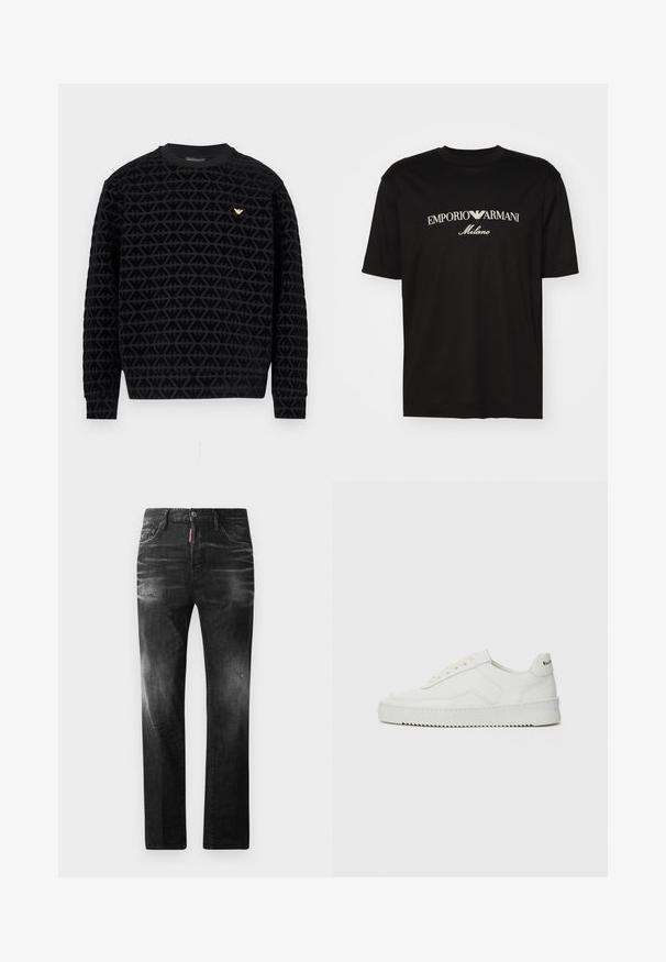 Black crewneck sweatshirt with a textured geometric pattern, featuring a gold logo accent on the chest and ribbed cuffs and hem.; Black cotton T-shirt featuring a round neckline, short sleeves, and "EMPORIO ARMANI" logo in white above "Milano" in a curved design.; Black denim jeans with a straight fit. Features faded areas, minor distressing, classic five-pocket design, and a button closure.; White leather sneaker with a smooth finish, round toe, flat laces, and a textured sole. Features a subtle logo on the heel.