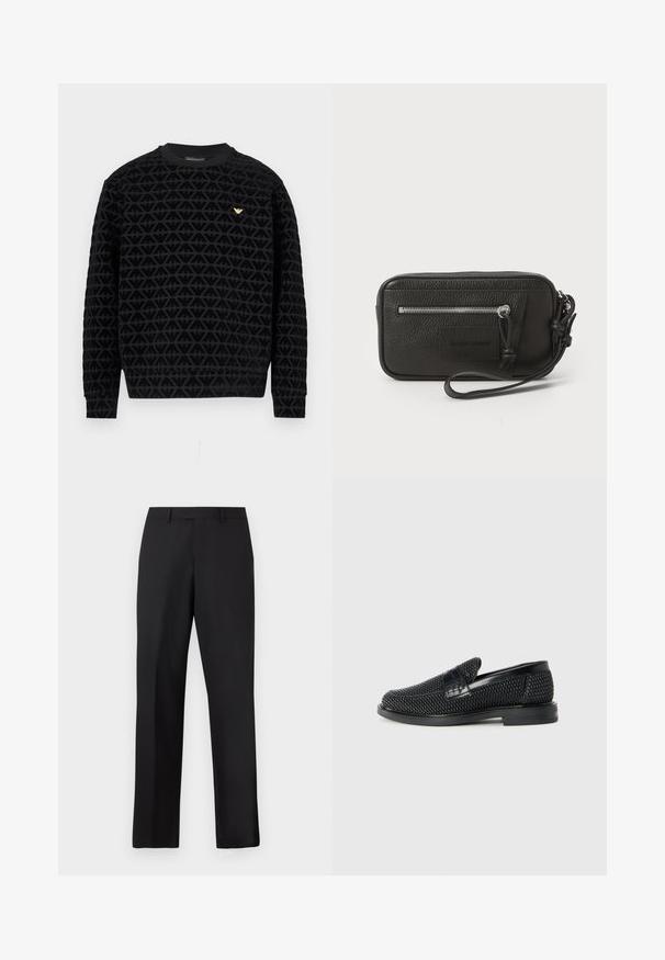 Felpa nera con scollo girocollo e motivo geometrico testurizzato, con logo dorato sul petto e polsini e orlo a coste.; Pantaloni neri a gamba dritta in tessuto liscio. Presentano una vita standard e nessun motivo o accento visibile.; Scarpa nera a mocassino intrecciata con un accentuato in pelle liscia sulla parte superiore, design a punta rotonda e suola in gomma a profilo basso.; Clutch nera in pelle con superficie testurizzata, tasca frontale con zip e tracolla rimovibile. Presenta una patch con logo sul davanti. Forma rettangolare.