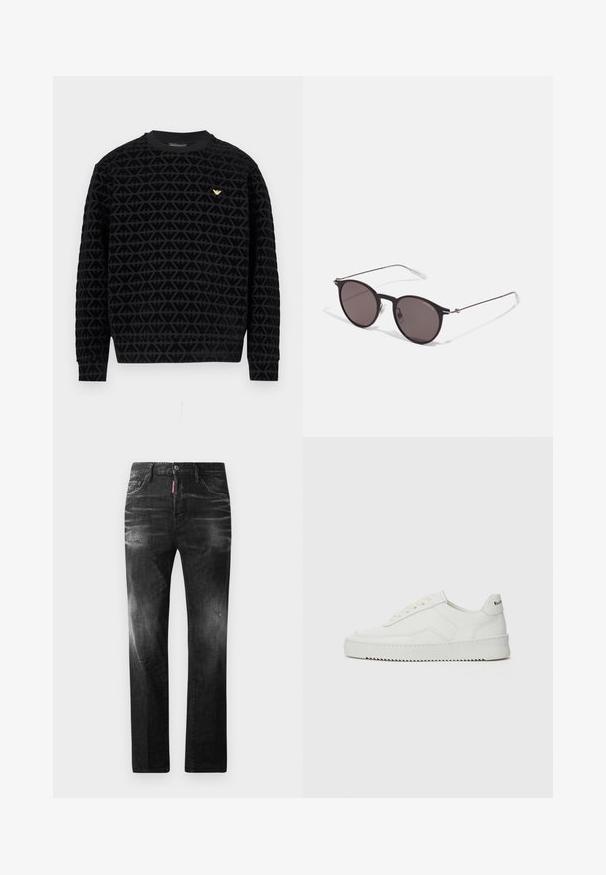 Sudadera negra de cuello redondo con un patrón geométrico texturizado, que incluye un detalle de logo dorado en el pecho y puños y dobladillo acanalados.; Jeans de mezclilla negra con un corte recto. Presentan áreas desgastadas, un ligero desgasto, diseño clásico de cinco bolsillos y cierre de botón.; Zapatilla de cuero blanca con un acabado suave, puntera redonda, cordones planos y suela texturizada. Cuenta con un sutil logo en el talón.; Gafas de sol redondas negras con lentes oscuros y brazos metálicos delgados. Incluye puntas de varilla transparentes y acentos plateados en la bisagra. Diseño minimalista.