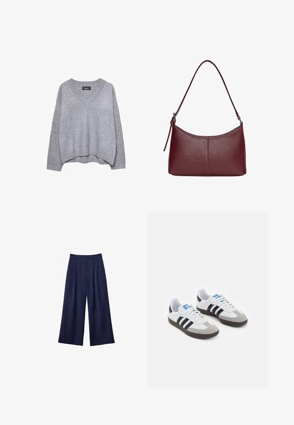 Lys grå langærmet sweater med V-hals og ribstrikkede manchetter og kant, præsenteret på en hvid baggrund.; Marineblå brede bukser med plyser, knappet talje og bæltestropper, vist fladt på en hvid baggrund.; Sportsko med en overdel i hvid læder, grå ruskind på tåen og tre sorte striber. Har et blåt logo på tungen og en struktureret gummisål.; Kastanjebrun læderhåndtaske med en buet form, en enkelt skulderrem og syninger i midten. Glat tekstur, minimal hardware.