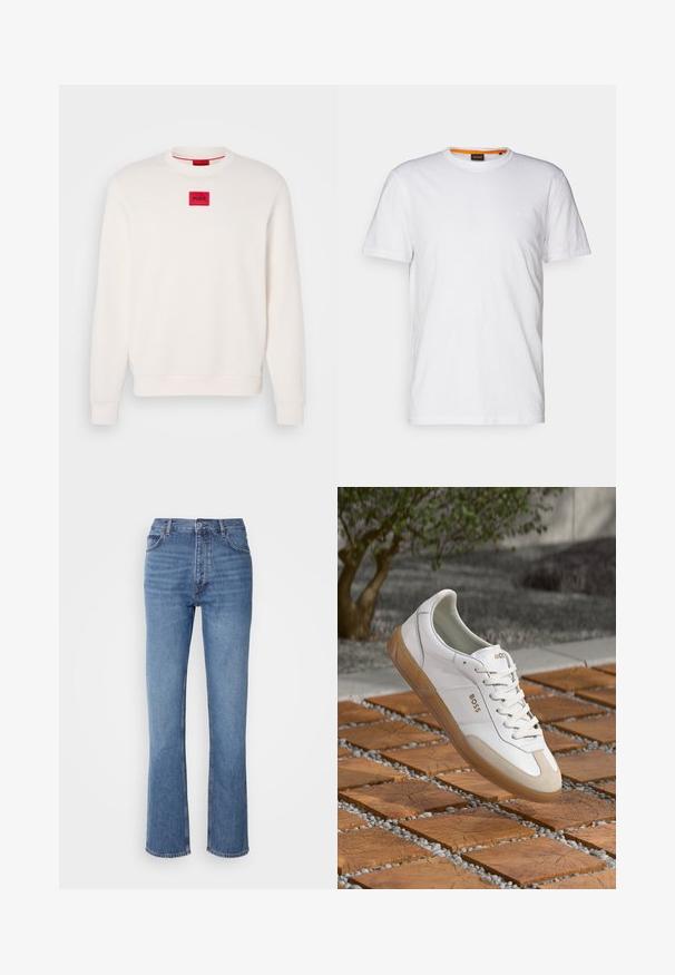 Felpa color crema con collo a giro, polsini e orlo a coste. Presenta una piccola toppa rettangolare rossa con l'etichetta "HUGO" sul petto.; T-shirt bianco in cotone con collo rotondo, maniche corte e un logo a rilievo discreto sul petto. L'etichetta interna ha un accento arancione.; Jeans in denim blu con vita alta, design a gamba dritta e leggera sbiaditura. Presentano il classico stile a cinque tasche e chiusura con zip.; Sneaker bianca in pelle con accenti in suede beige, caratterizzata da una punta rotonda, chiusura con lacci e suola in gomma marrone, con il nome del marchio "BOSS".