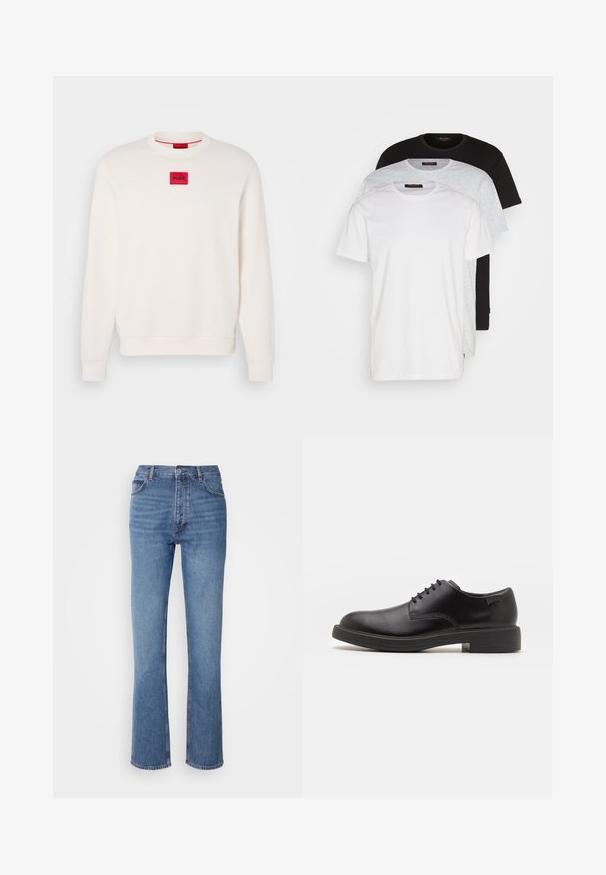 Kreminvārdu džemperis ar apaļu kaklu, ribotām piedurknēm un apakšmalu. Uz krūšu ir neliels sarkans taisnstūrveida logo uzlīme ar uzrakstu "HUGO".; Trīs apļa kakla T-krekli balts, gaiši pelēks un melns. Izgatavoti no mīksta kokvilnas, ar īsām piedurknēm un brīvu piegriezumu.; Zilā denima bikses ar augstu jostasvietu, taisnas kājas dizainu un vieglu nolietojumu. Satur klasisku piecu kabatu stilu un ar rāvējslēdzēju aizdari.; Melna āda sašūta kurpe ar noapaļotu purngalu, gludu tekstūru, minimālu šuvju skaitu un zemu gumijas papēdi. Logo uz papēža.