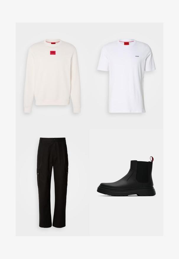 Cream-colored sweatshirt with a crew neck, ribbed cuffs, and hem. Features a small red rectangular logo patch labeled "HUGO" on the chest.; White cotton t-shirt with short sleeves, a round neckline, and small black "HUGO" logo on the left chest. Features red inner neck label.; Black cargo pants made of cotton with a relaxed fit, featuring side pockets, a button closure, and straight legs. Simple design without patterns.; Black ankle boot with a smooth finish, elastic side panels, and a contrasting red pull tab, featuring a thick rubber sole and rounded toe.