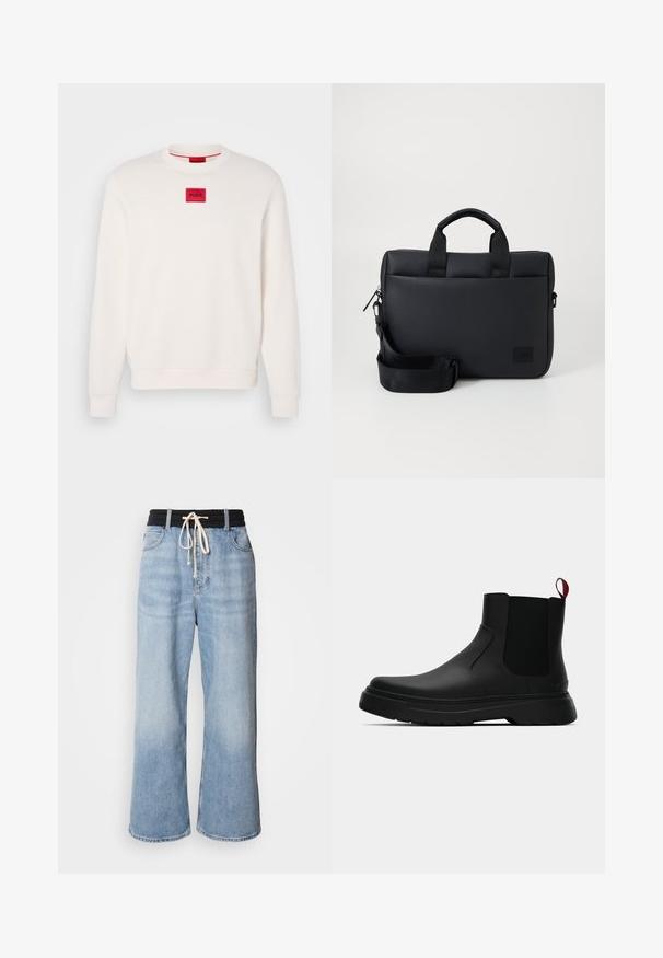 Krém színű pulóver, lekerekített nyakkivágással, bordázott mandzsettákkal és hemmed. A mellkason található egy kisméretű piros téglalap alakú logójal, amelyen az "HUGO" felirat szerepel.; Világoskék, bő szárú farmernadrág fekete, elasztikus derékpánttal, húzózsinórral és klasszikus öt zsebes kialakítással.; Fekete bokacipő sima felülettel, ruganyos oldalsó panelek és kontrasztos piros húzópánt jellemzi, vastag gumitalppal és lekerekített orral.; Fekete textúrájú laptop táska dupla felső fogantyúkkal, levehető pánttal, cipzáras záródással és egy kis logóval a márkázáshoz.