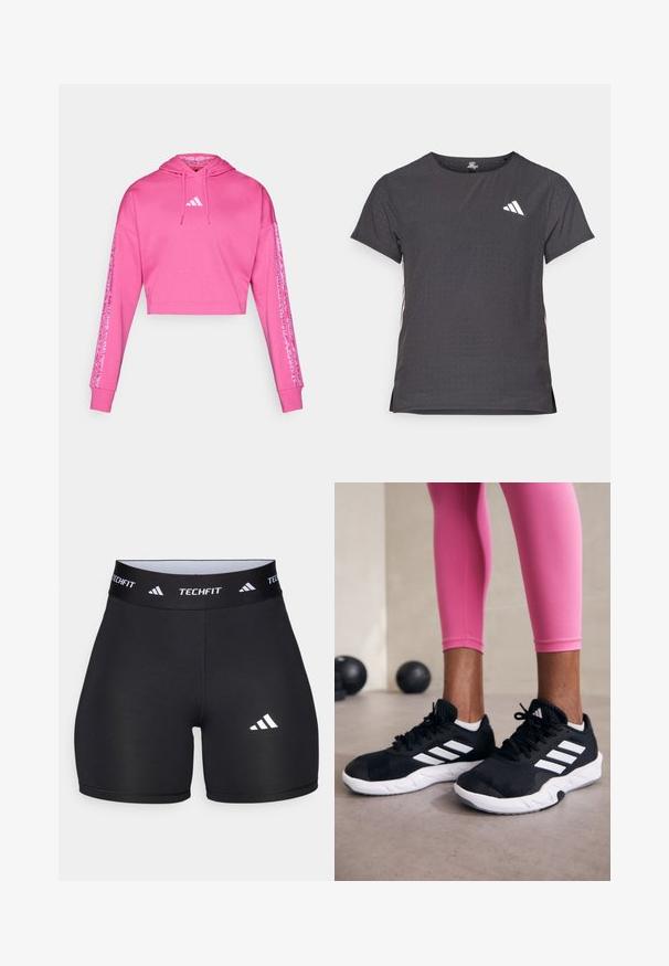 Hoodie cropped rosa feito de tecido suave, com um bolso frontal tipo canguru, capuz com cordão e detalhes padrão distintos nas mangas.; T-shirt atlético de mangas curtas, cinza escuro com textura perfurada. Apresenta um logo branco e riscas laterais contrastantes. Decote arredondado.; Calções pretos feitos de um tecido elástico com um design ajustado. Apresentam uma ampla faixa na cintura preta rotulada como "TECHFIT" e um logótipo branco na perna.; Sapatos de treino pretos com riscas brancas, parte superior em malha texturizada e sola branca. Usados com leggings cor-de-rosa, destacando roupa de treino.