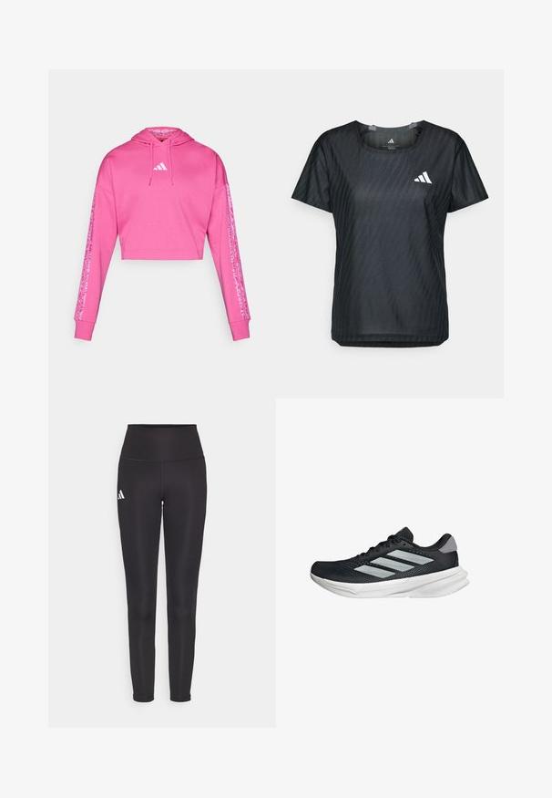 Pink cropped hoodie made of soft fabric, featuring a front kangaroo pocket, drawstring hood, and distinctive patterned accents on sleeves.; Black athletic t-shirt with a round neck, short sleeves, and a textured fabric featuring a subtle pattern. Displaying a white logo on the front.; Black high-waisted leggings made of stretchy fabric. Features a white logo on the left side and sleek, seamless design. Smooth texture.; Black running shoe with mesh upper, three silver stripes, white midsole, and textured outsole. Features padded collar and lace closure.